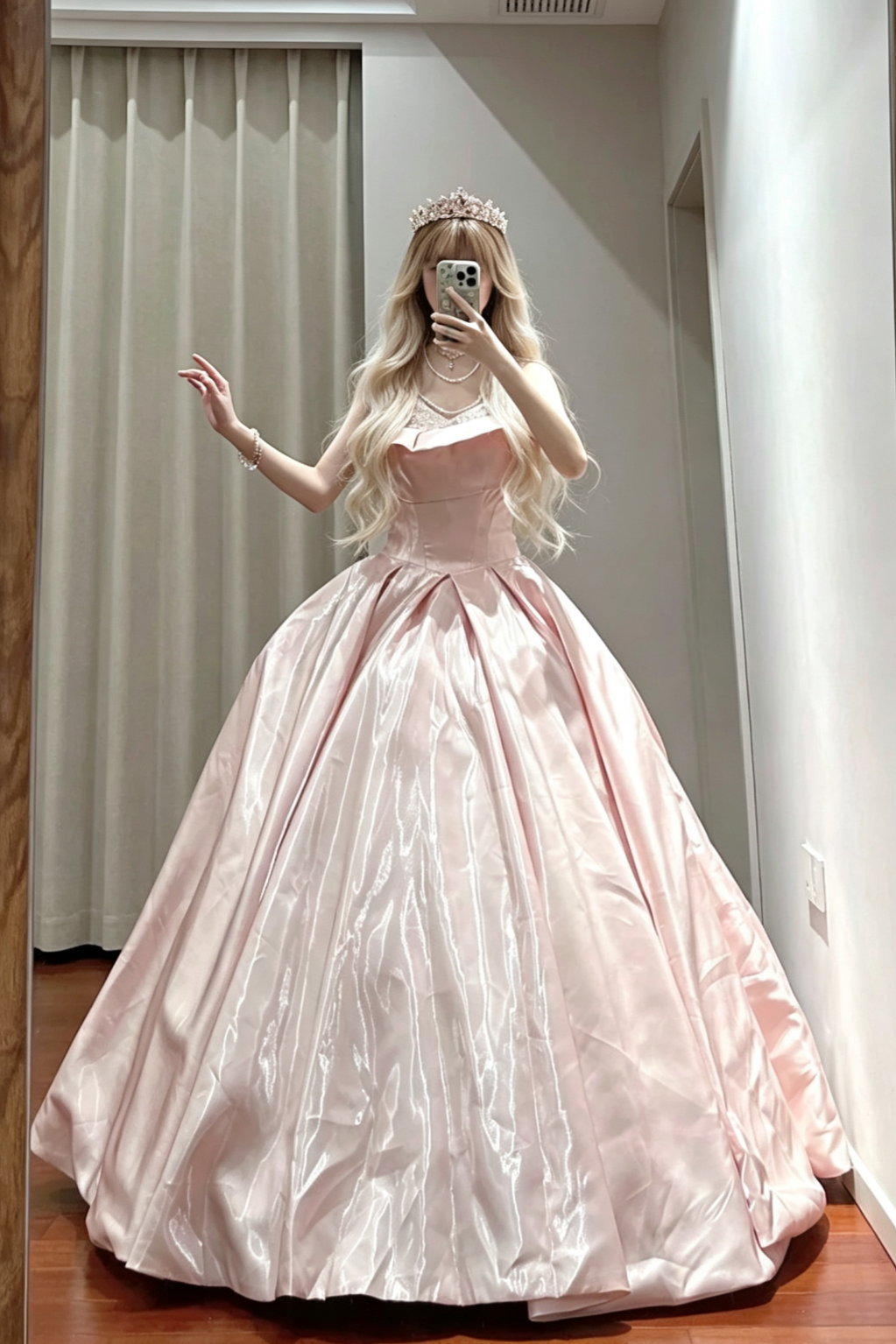 Ball Gown Blush Satin Formal Evening Dress, Adjustable Fold Neck Beaded Prom Gown  F028
