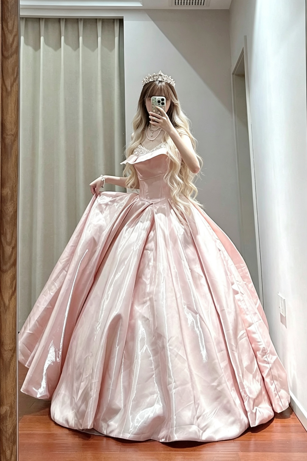 Ball Gown Blush Satin Formal Evening Dress, Adjustable Fold Neck Beaded Prom Gown  F028