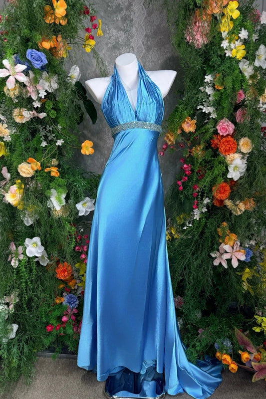 Blue Satin Halter Backless Floor-length Train Gown Rhinestone Decor Elegant Evening Party Dress FL-6