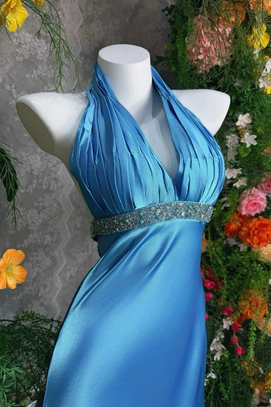 Blue Satin Halter Backless Floor-length Train Gown Rhinestone Decor Elegant Evening Party Dress FL-6