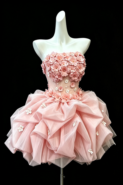 Pink Strapless Short Party Dress, Hand‑made 3D Flower Appliques Voluminous Ruffled Tulle Homecoming Gown F0011