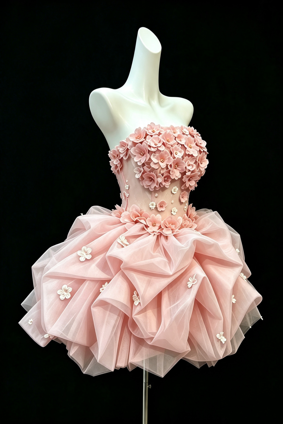 Pink Strapless Short Party Dress, Hand‑made 3D Flower Appliques Voluminous Ruffled Tulle Homecoming Gown F0011