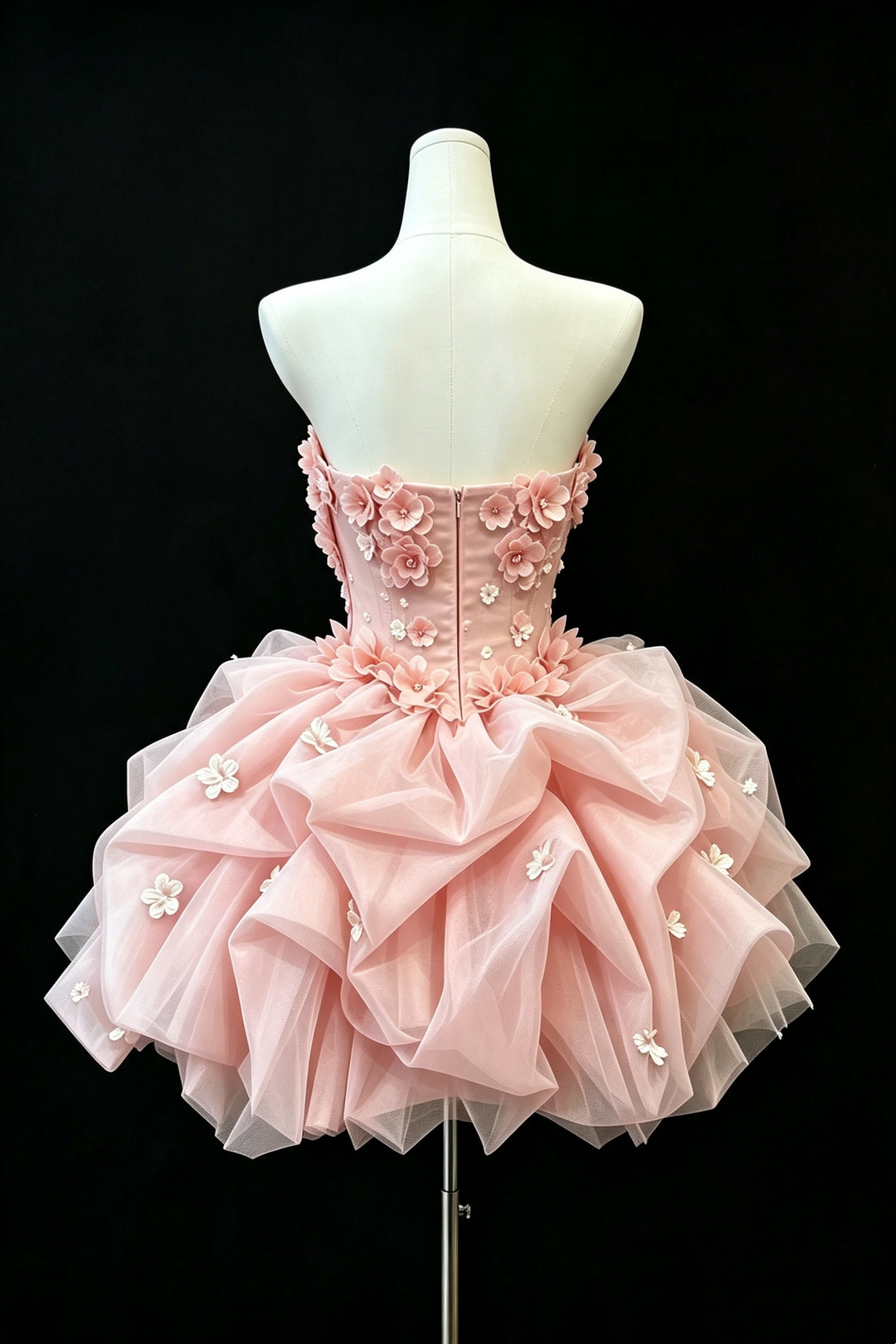Pink Strapless Short Party Dress, Hand‑made 3D Flower Appliques Voluminous Ruffled Tulle Homecoming Gown F0011