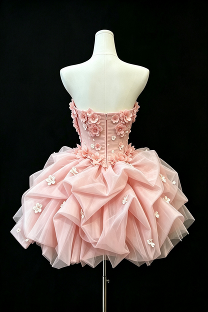 Pink Strapless Short Party Dress, Hand‑made 3D Flower Appliques Voluminous Ruffled Tulle Homecoming Gown F0011