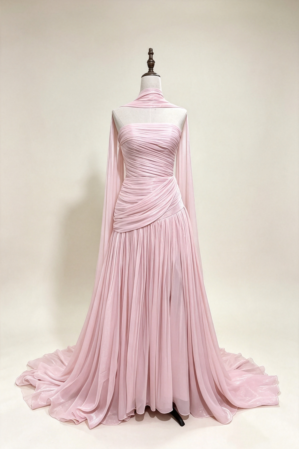 Dusty Pink Shimmer Chiffon Prom Gown Halter Cape Sleeve Lace‑Up Back Long Evening Dress F0027