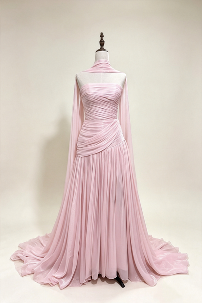 Dusty Pink Shimmer Chiffon Prom Gown Halter Cape Sleeve Lace‑Up Back Long Evening Dress F0027