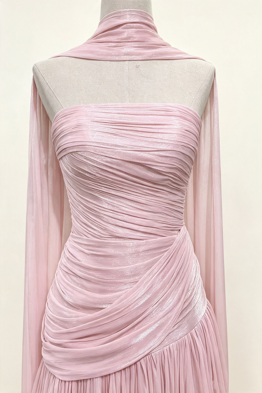 Dusty Pink Shimmer Chiffon Prom Gown Halter Cape Sleeve Lace‑Up Back Long Evening Dress F0027