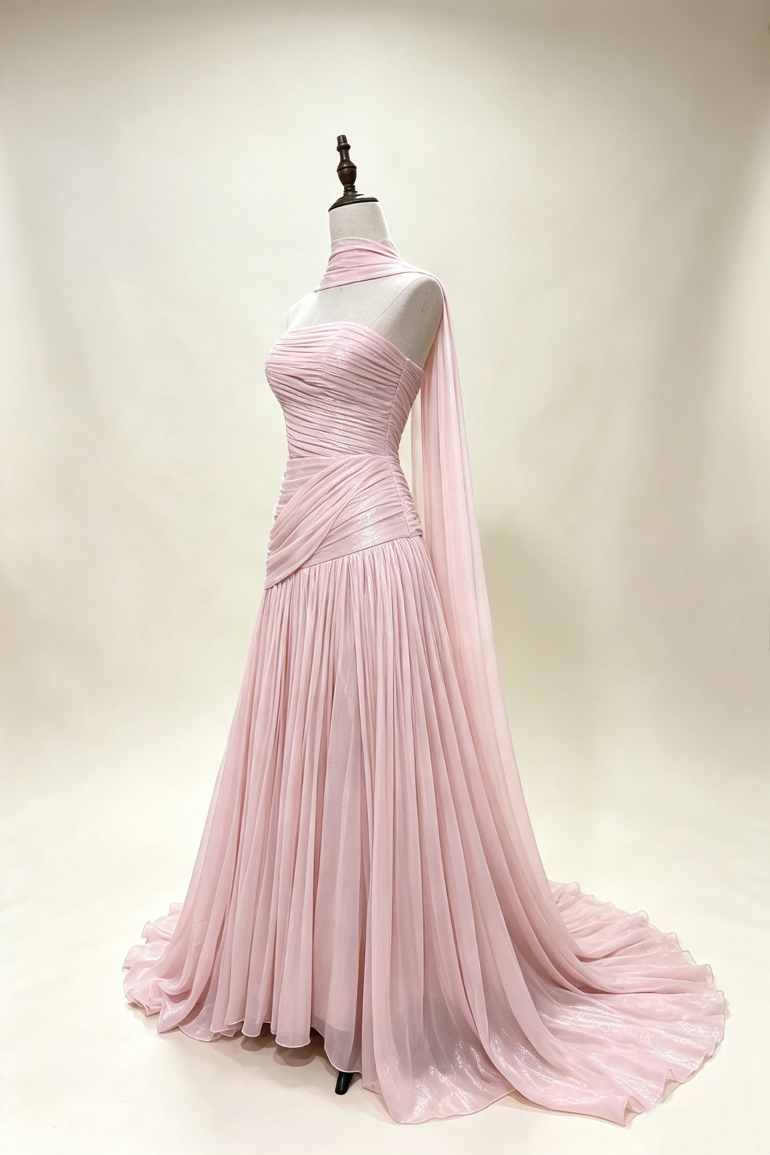 Dusty Pink Shimmer Chiffon Prom Gown Halter Cape Sleeve Lace‑Up Back Long Evening Dress F0027