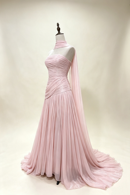 Dusty Pink Shimmer Chiffon Prom Gown Halter Cape Sleeve Lace‑Up Back Long Evening Dress F0027