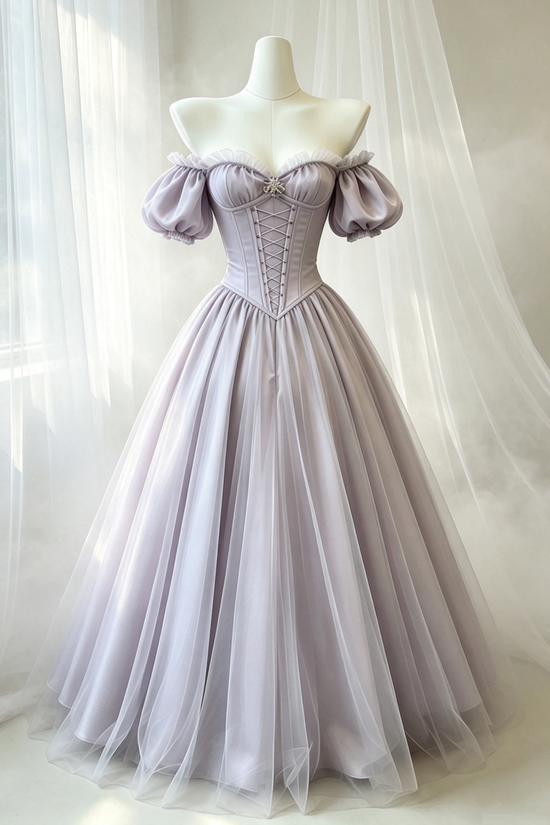 Lavender Off‑The‑Shoulder Puff Sleeve Corset Ball Gown F0078