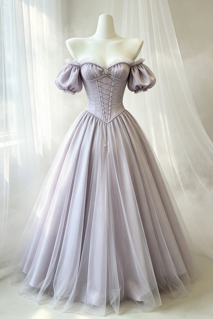 Lavender Off‑The‑Shoulder Puff Sleeve Corset Ball Gown F0078