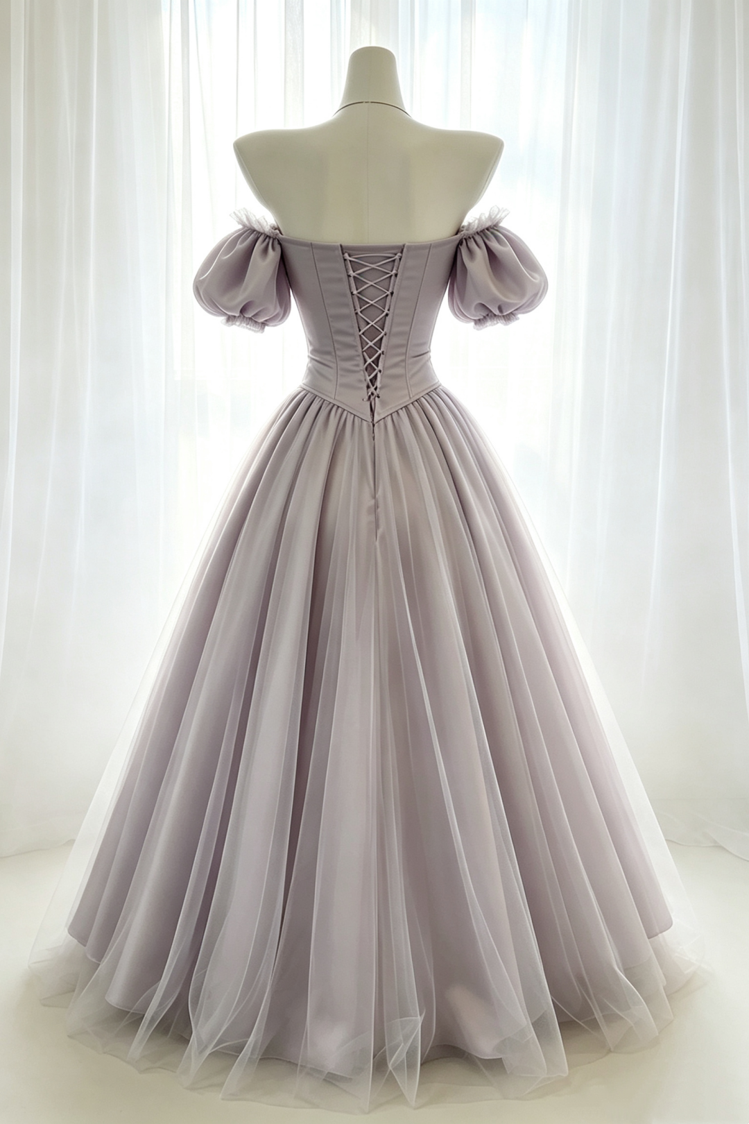 Lavender Off‑The‑Shoulder Puff Sleeve Corset Ball Gown F0078