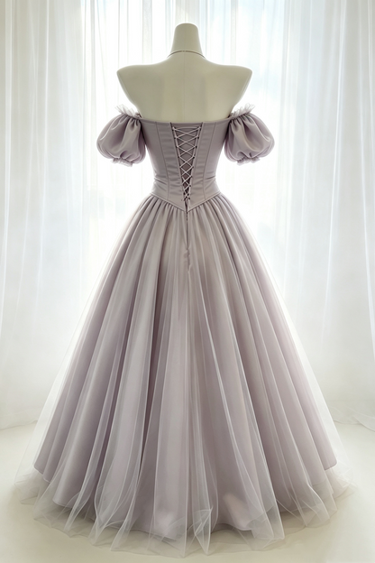 Lavender Off‑The‑Shoulder Puff Sleeve Corset Ball Gown F0078