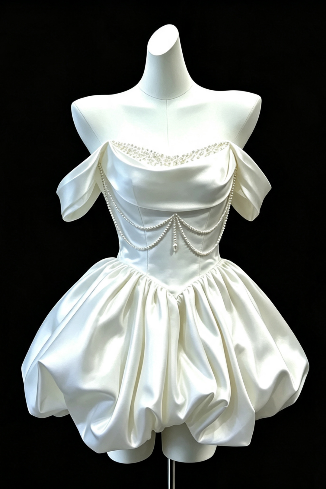 Pearl Chain Off‑Shoulder Satin Bubble Mini Wedding Gown F008
