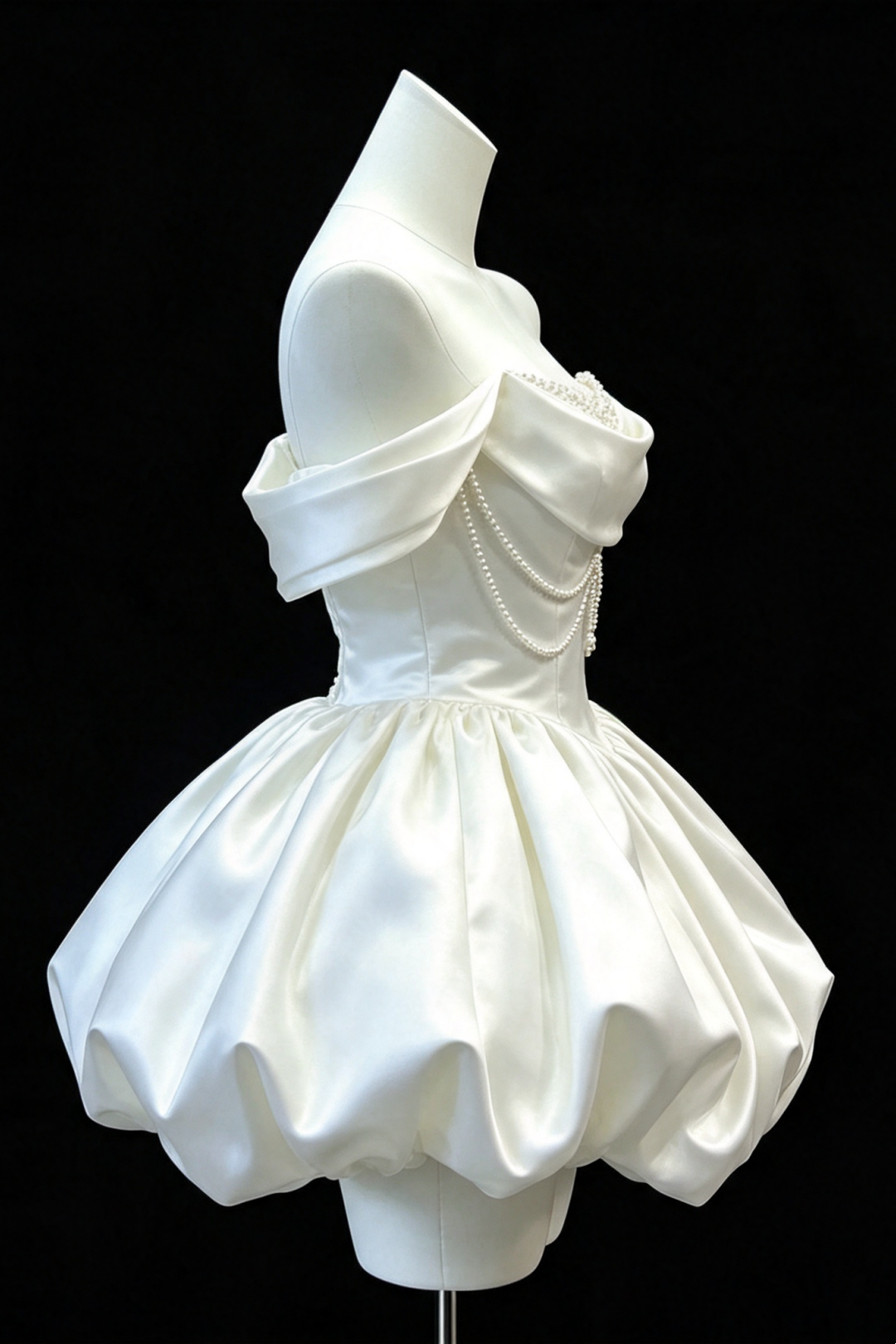 Pearl Chain Off‑Shoulder Satin Bubble Mini Wedding Gown F008