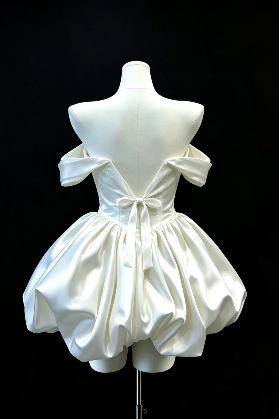 Pearl Chain Off‑Shoulder Satin Bubble Mini Wedding Gown F008