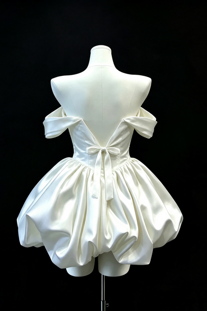 Pearl Chain Off‑Shoulder Satin Bubble Mini Wedding Gown F008