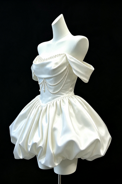 Pearl Chain Off‑Shoulder Satin Bubble Mini Wedding Gown F008