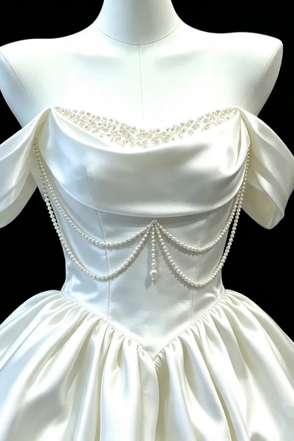 Pearl Chain Off‑Shoulder Satin Bubble Mini Wedding Gown F008
