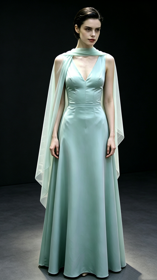 Original Design Sage Green Sleeveless Satin Gown Chiffon Cape V Neck Formal Dress  F0246