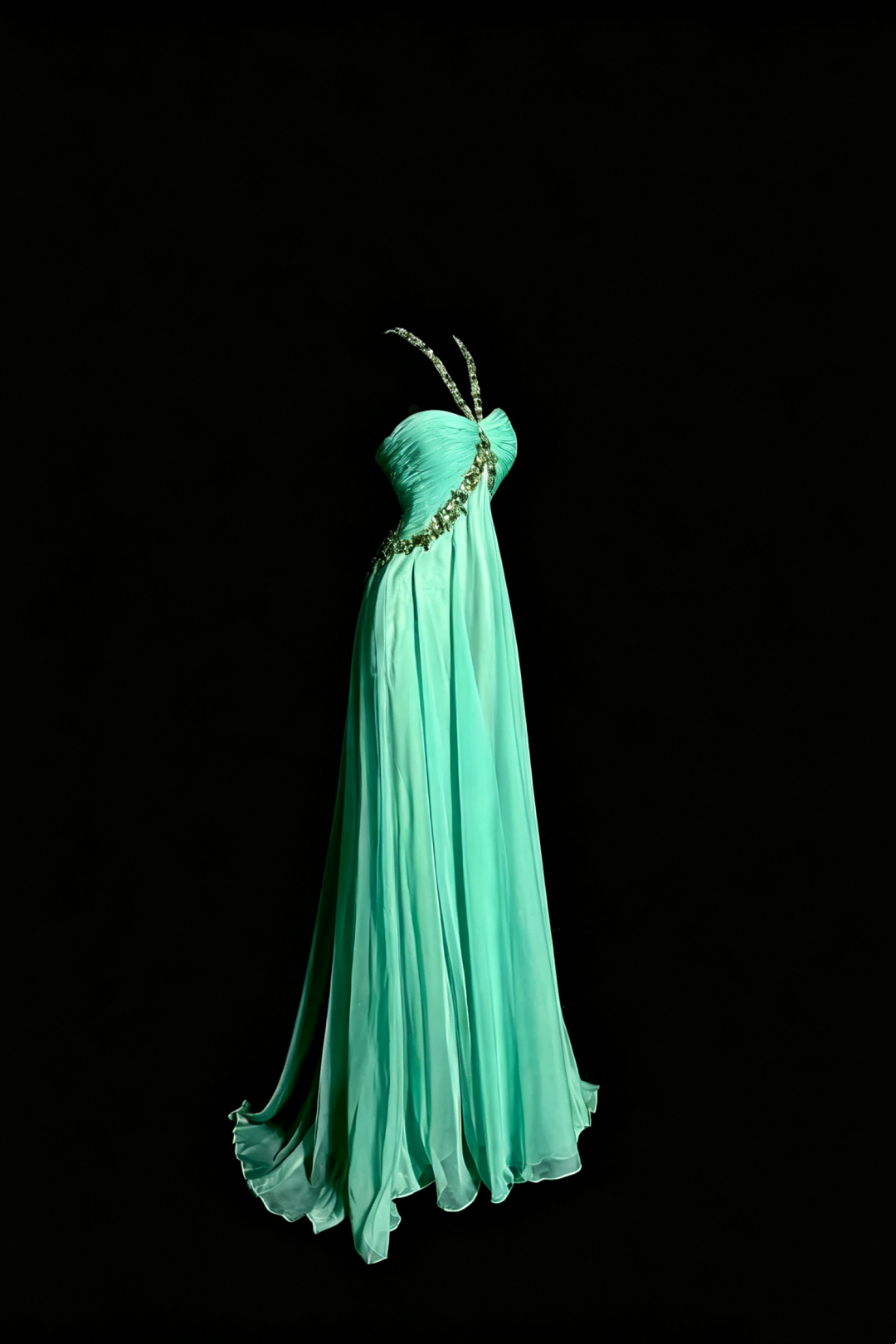 Fairy Mint Chiffon Long Gown, Beaded Halter Ruched Open‑Back Party Dress F0041