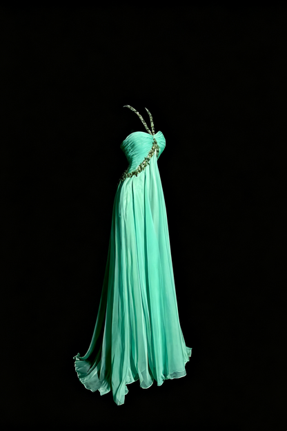 Fairy Mint Chiffon Long Gown, Beaded Halter Ruched Open‑Back Party Dress F0041