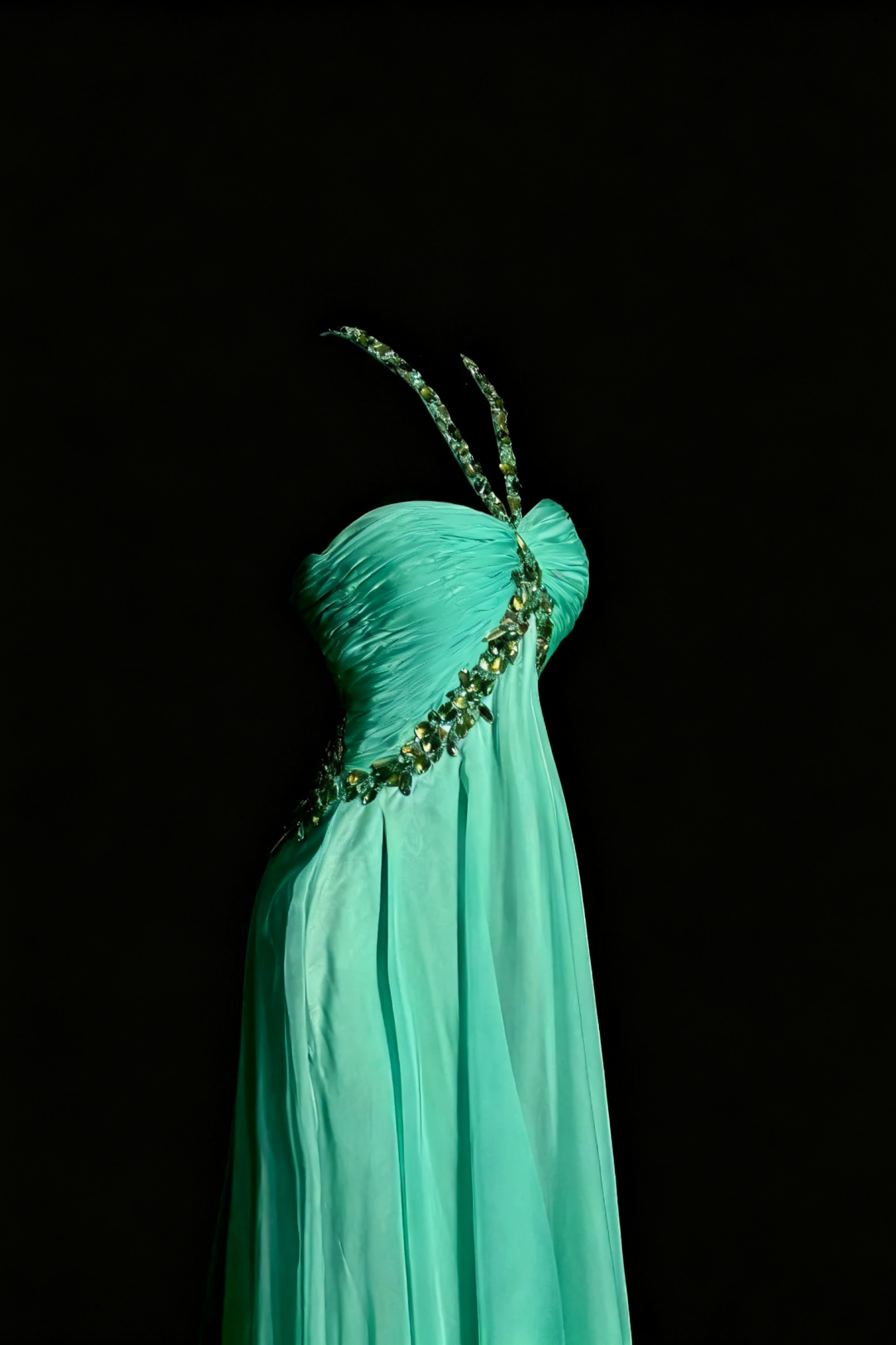 Fairy Mint Chiffon Long Gown, Beaded Halter Ruched Open‑Back Party Dress F0041