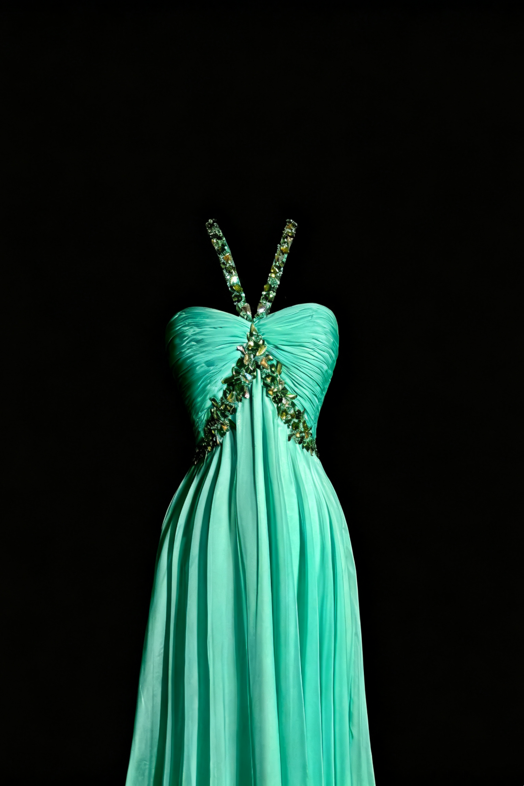 Fairy Mint Chiffon Long Gown, Beaded Halter Ruched Open‑Back Party Dress F0041