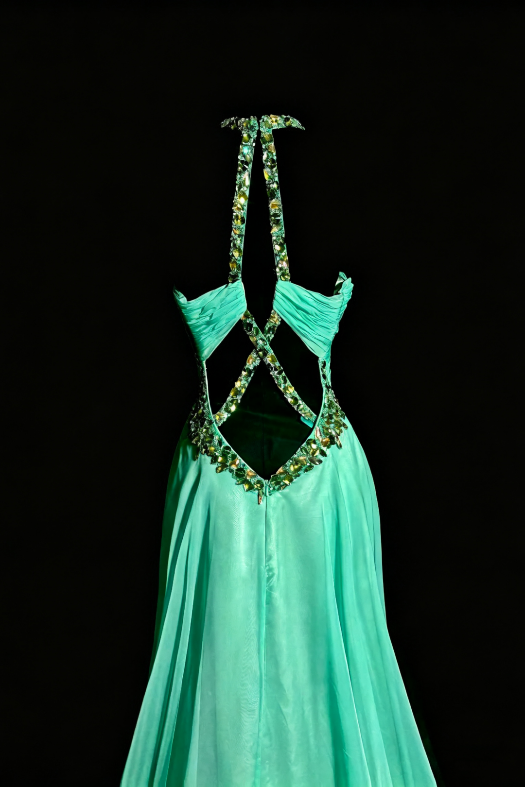 Fairy Mint Chiffon Long Gown, Beaded Halter Ruched Open‑Back Party Dress F0041