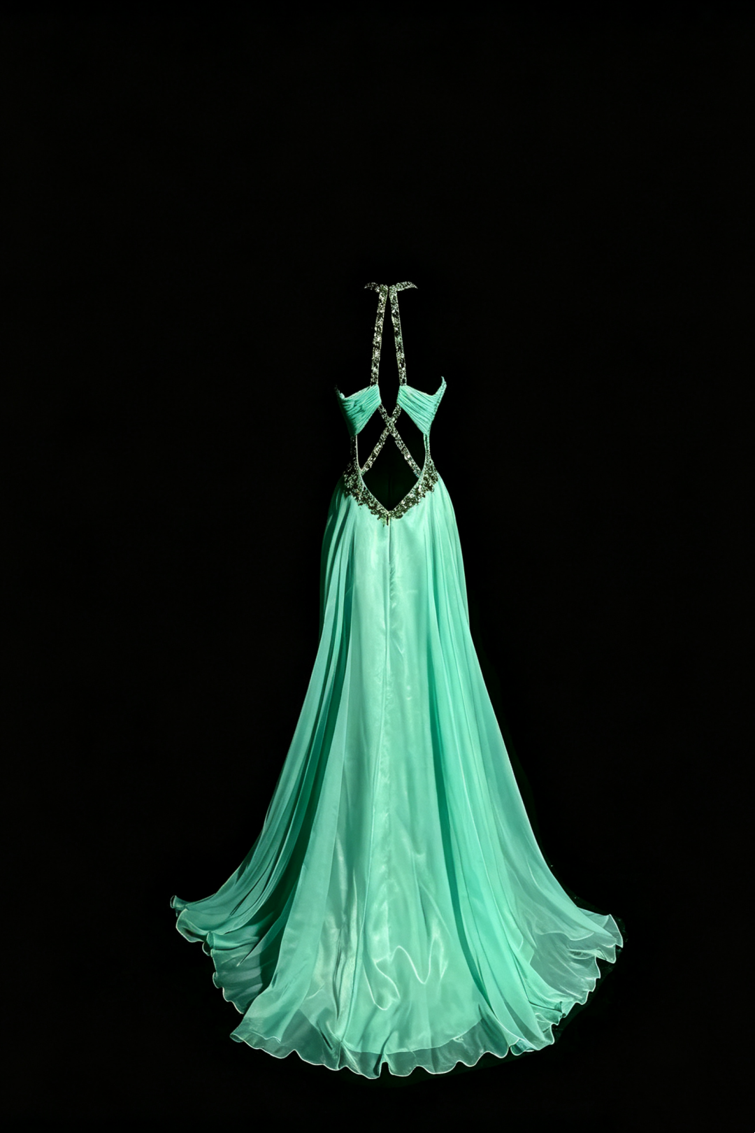 Fairy Mint Chiffon Long Gown, Beaded Halter Ruched Open‑Back Party Dress F0041