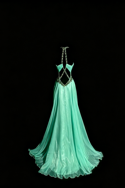 Fairy Mint Chiffon Long Gown, Beaded Halter Ruched Open‑Back Party Dress F0041