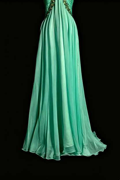 Fairy Mint Chiffon Long Gown, Beaded Halter Ruched Open‑Back Party Dress F0041