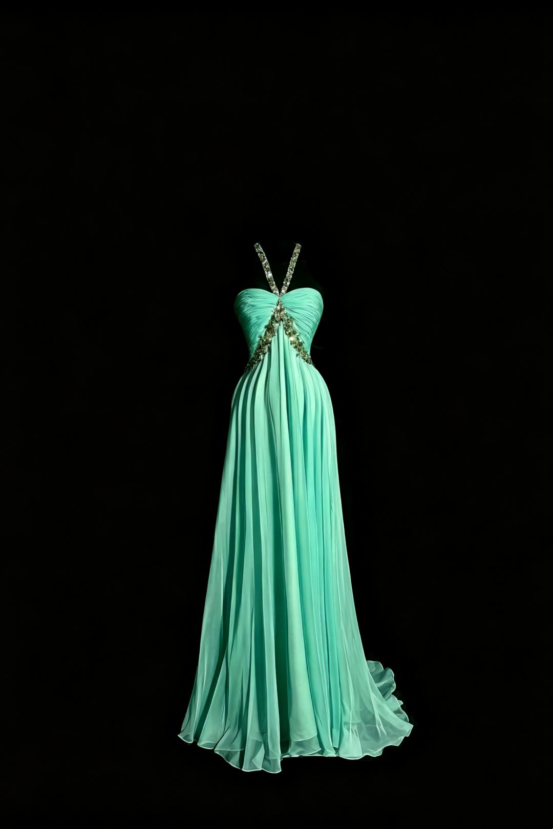 Fairy Mint Chiffon Long Gown, Beaded Halter Ruched Open‑Back Party Dress F0041
