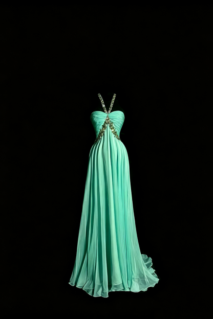 Fairy Mint Chiffon Long Gown, Beaded Halter Ruched Open‑Back Party Dress F0041
