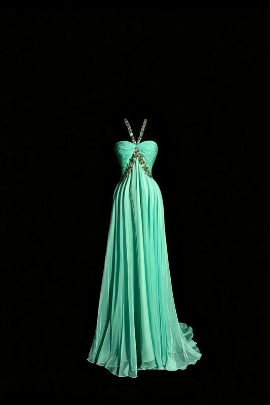 Fairy Mint Chiffon Long Gown, Beaded Halter Ruched Open‑Back Party Dress F0041