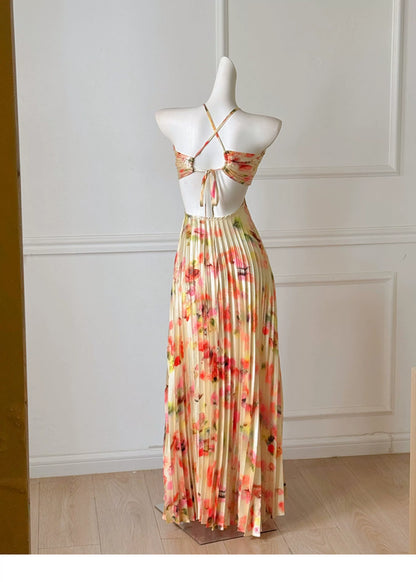 Floral Print Halter Pleated Backless Long Evening Dress F0471