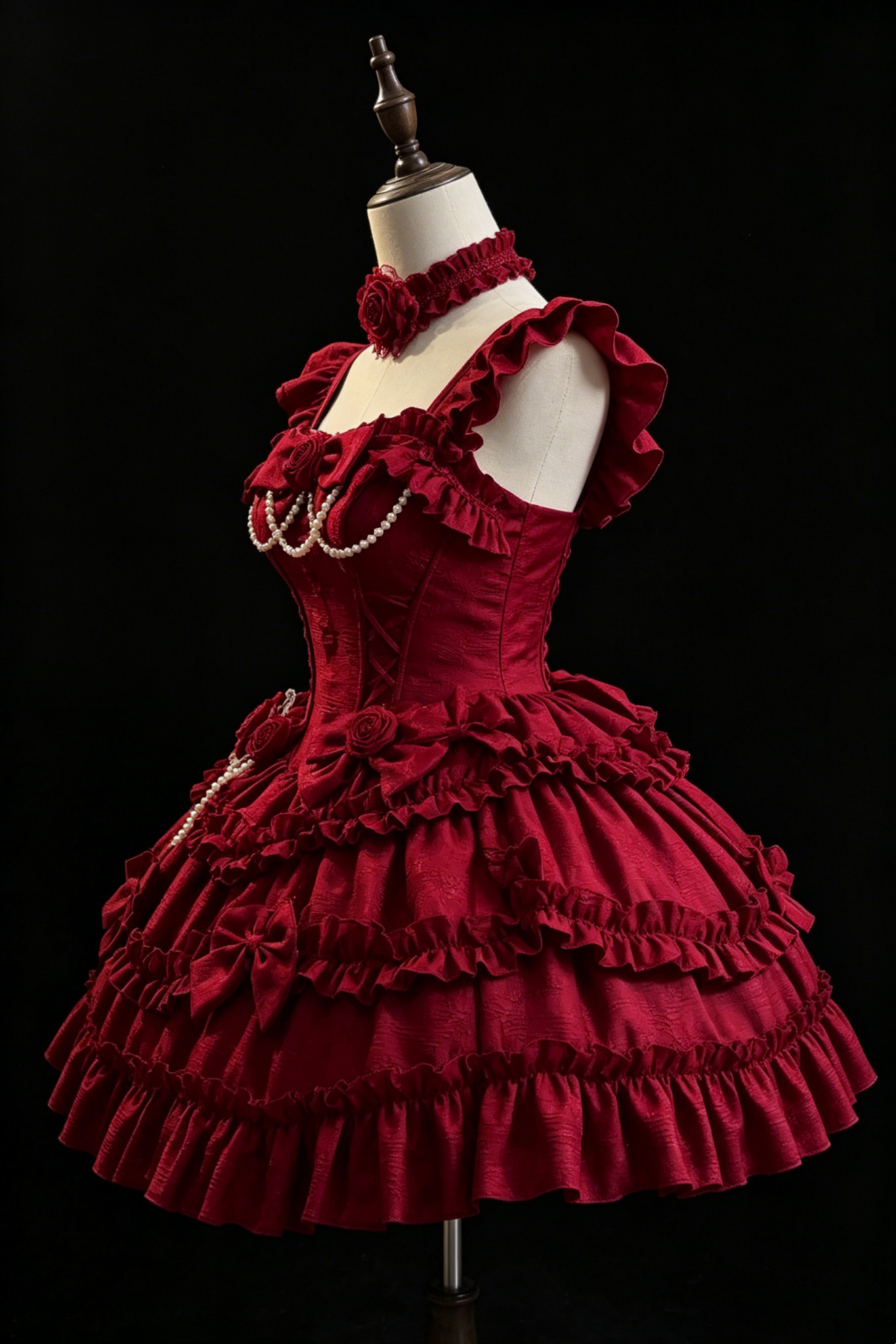 Burgundy Rose Ruffle Lolita Homecoming Dress Corset Back Short Formal Party Gown F0031