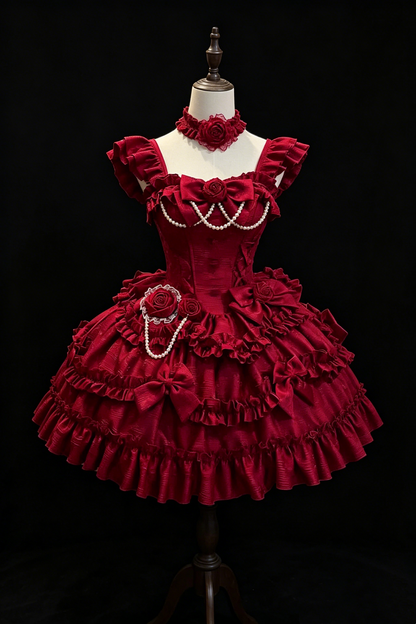 Burgundy Rose Ruffle Lolita Homecoming Dress Corset Back Short Formal Party Gown F0031