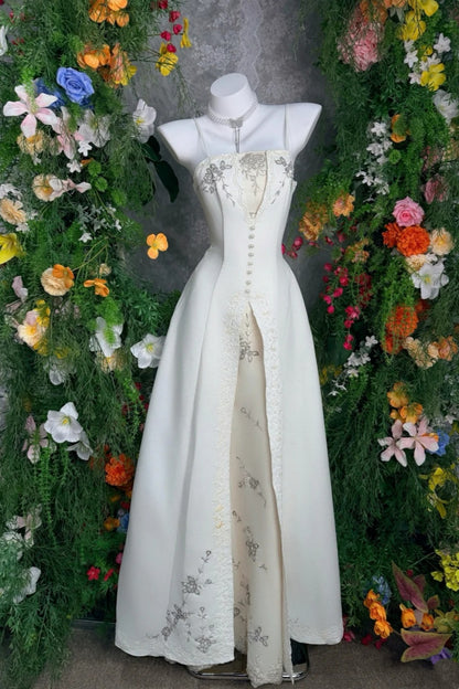 White Satin Spaghetti Strap Strapless Floor-length Gown Pearl Embroidery Retro Elegant Evening Formal Dress  FL-2