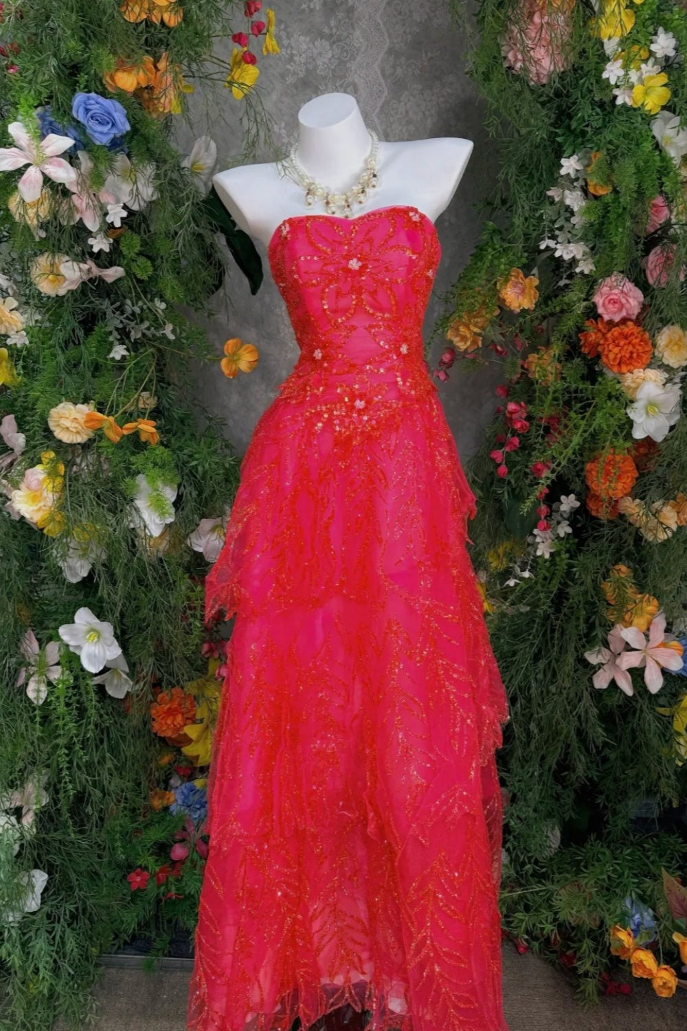 Red Tulle Strapless Tiered Floor-length Gown Sequin Pattern Bright Party·Evening Dress  FL-5