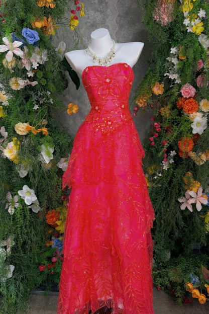 Red Tulle Strapless Tiered Floor-length Gown Sequin Pattern Bright Party·Evening Dress  FL-5