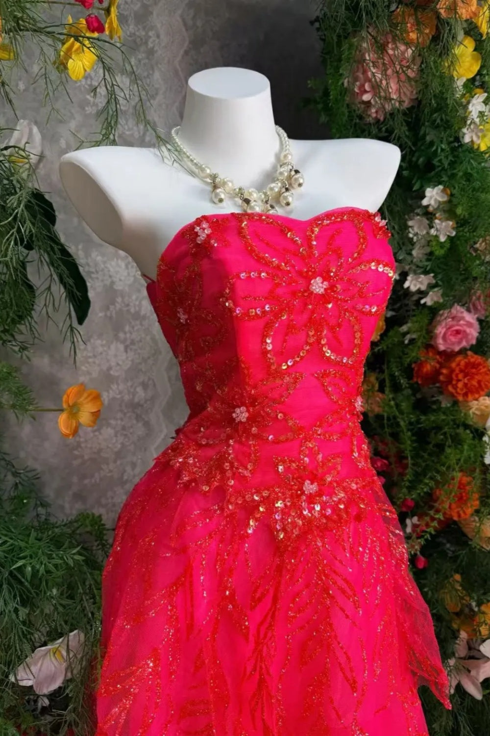 Red Tulle Strapless Tiered Floor-length Gown Sequin Pattern Bright Party·Evening Dress  FL-5