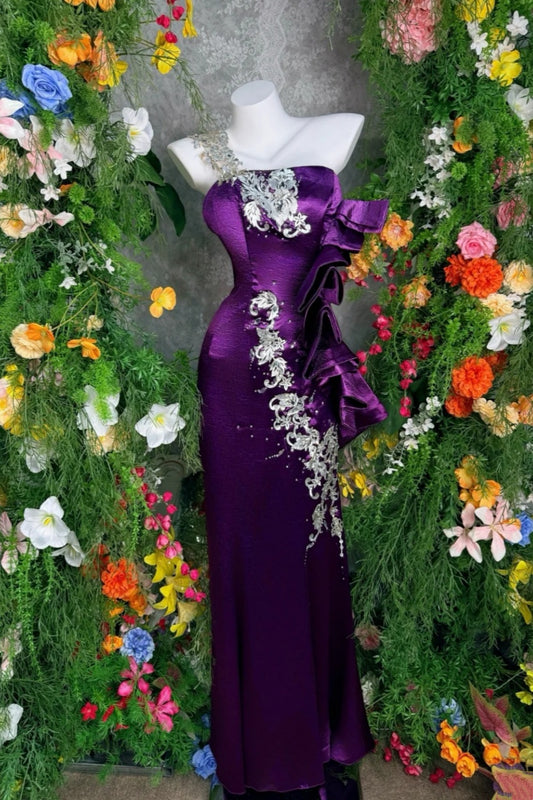 Deep Purple Satin One-shoulder Sleeveless Floor-length Mermaid Gown Silver-patterned Evening Formal Dress   FL-1