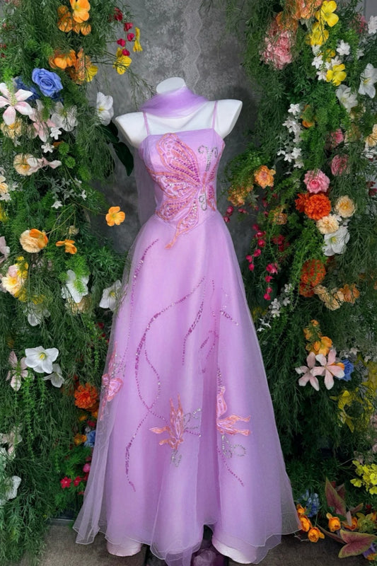 Light Purple Tulle Spaghetti Strap Strapless Floor-length Gown Butterfly Sequin Sweet Party Evening Dress  FL-4