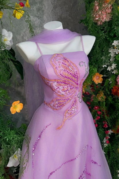Light Purple Tulle Spaghetti Strap Strapless Floor-length Gown Butterfly Sequin Sweet Party Evening Dress  FL-4