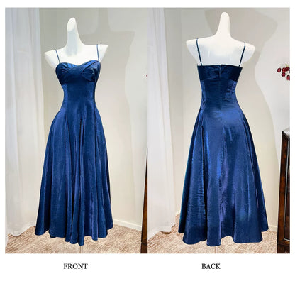 French-style blue satin camisole dress, A-line, form-fitting, elegant evening gown L003