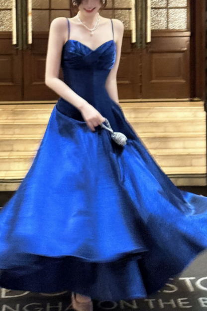 French-style blue satin camisole dress, A-line, form-fitting, elegant evening gown L003