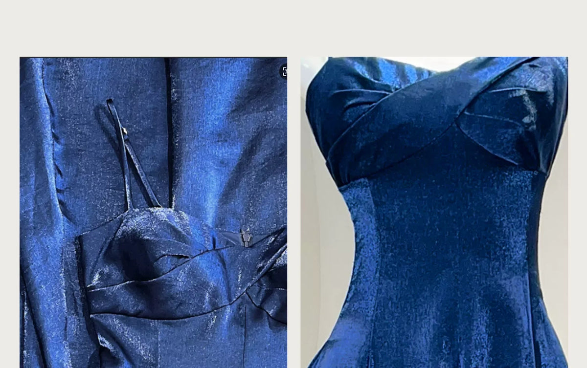 French-style blue satin camisole dress, A-line, form-fitting, elegant evening gown L003