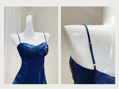 French-style blue satin camisole dress, A-line, form-fitting, elegant evening gown L003