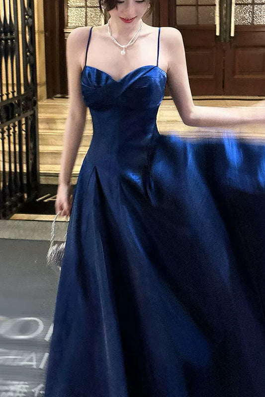 French-style blue satin camisole dress, A-line, form-fitting, elegant evening gown L003